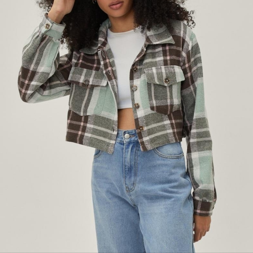 Nasty Gal Mint Green & Brown Plaid Cropped Jacket